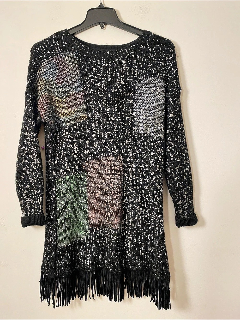Tricotto Black Multicolor Fringe Sweater Dress with fringes Size Medium Like New